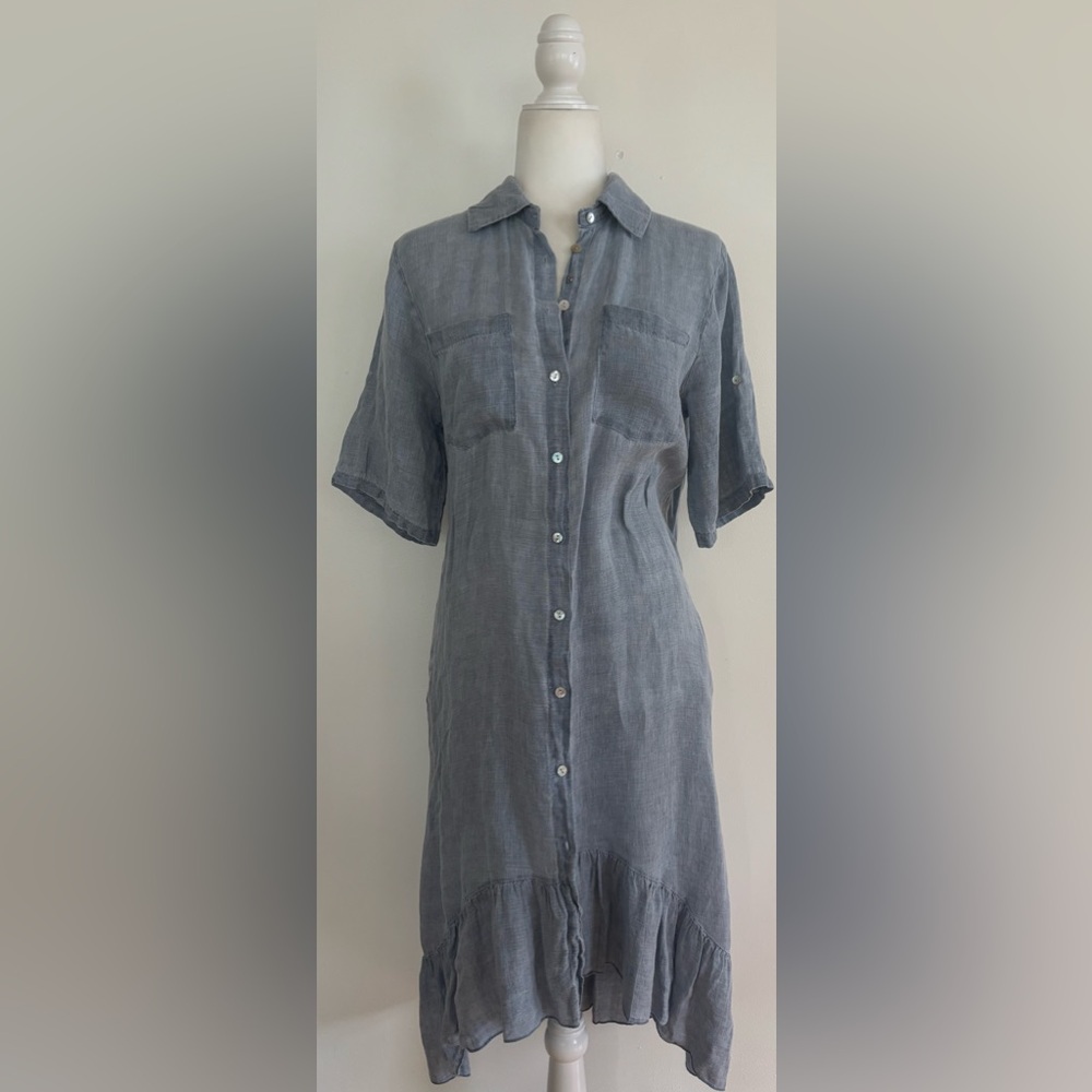 Saks Fifth Avenue  100% linen Shirt Dress  Ruffled Roll Tab Sleeve Midi  Small